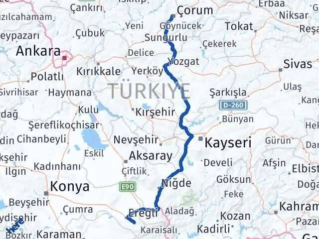 Konya Halkapınar Çorum Arası Kaç Km - Yol Haritası