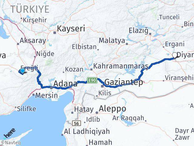 Konya Halkapınar Diyarbakır Arası Kaç Km - Yol Haritası