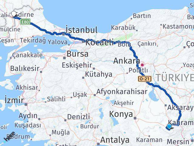 Konya Halkapınar Edirne Arası Kaç Km - Yol Haritası