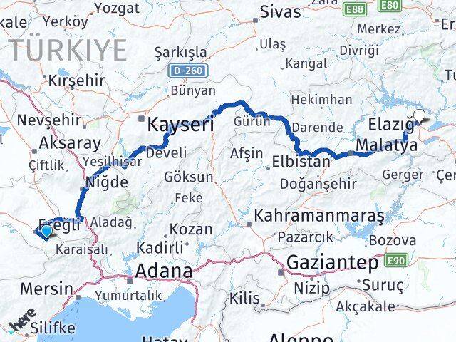 Konya Halkapınar Elazığ Arası Kaç Km - Yol Haritası
