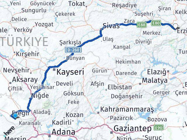 Konya Halkapınar Erzincan Arası Kaç Km - Yol Haritası