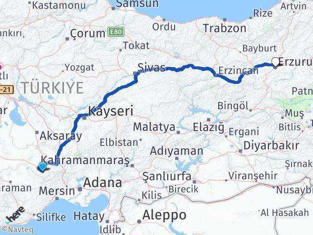 Konya Halkapınar Erzurum Arası Kaç Km - Yol Haritası