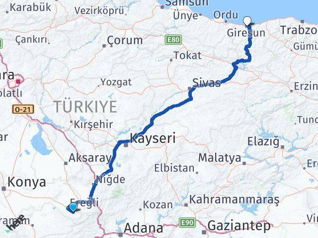 Konya Halkapınar Giresun Arası Kaç Km - Yol Haritası