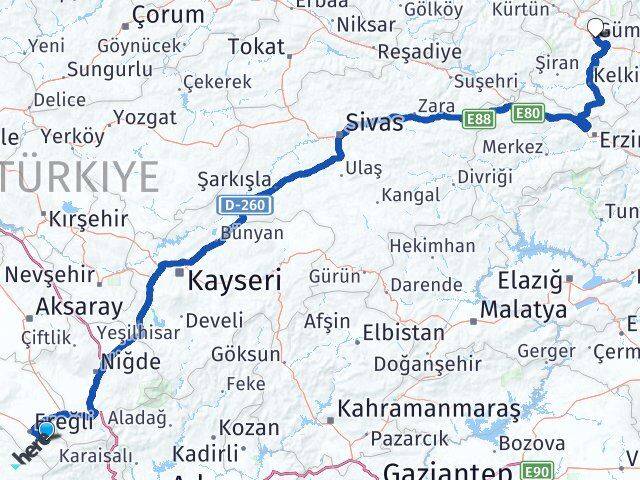 Konya Halkapınar Gümüşhane Arası Kaç Km - Yol Haritası