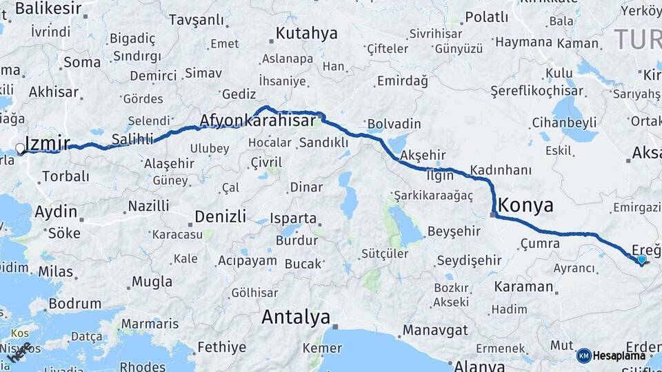 Konya Halkapınar İzmir Arası Kaç Km - Yol Haritası