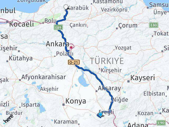 Konya Halkapınar Karabük Arası Kaç Km - Yol Haritası