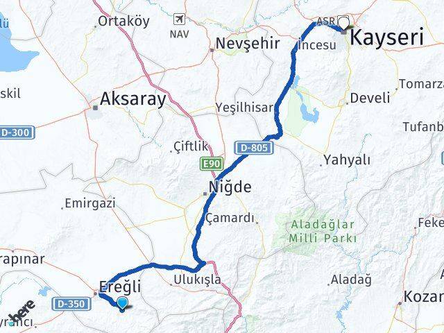 Konya Halkapınar Kayseri Arası Kaç Km - Yol Haritası