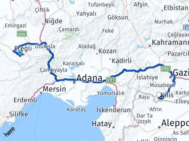 Konya Halkapınar Kilis Arası Kaç Km - Yol Haritası