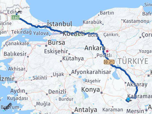 Konya Halkapınar Kırklareli Arası Kaç Km - Yol Haritası