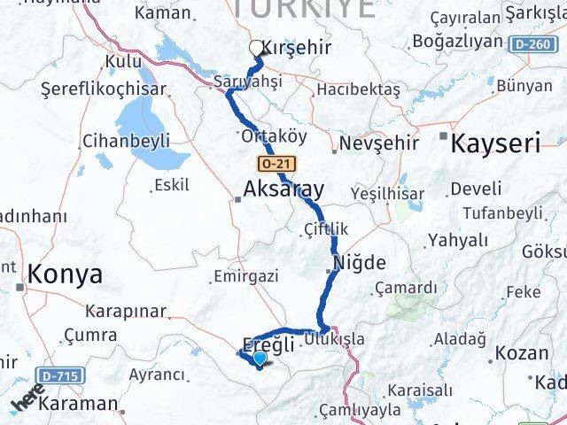 Konya Halkapınar Kırşehir Arası Kaç Km - Yol Haritası