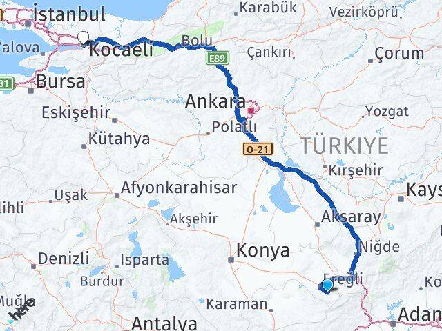Konya Halkapınar Kocaeli Arası Kaç Km - Yol Haritası