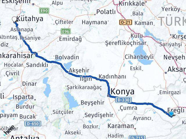 Konya Halkapınar Kütahya Arası Kaç Km - Yol Haritası
