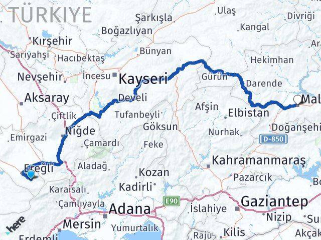 Konya Halkapınar Malatya Arası Kaç Km - Yol Haritası