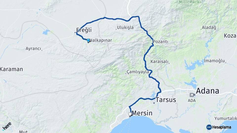 Konya Halkapınar Mersin Arası Kaç Km - Yol Haritası