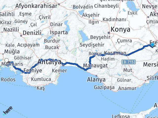 Konya Halkapınar Muğla Arası Kaç Km - Yol Haritası