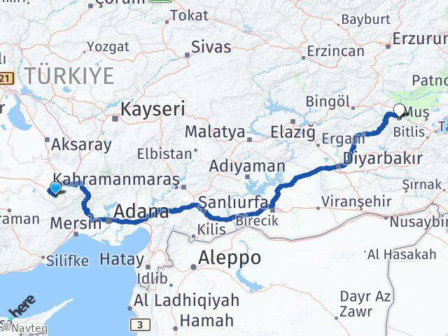 Konya Halkapınar Muş Arası Kaç Km - Yol Haritası