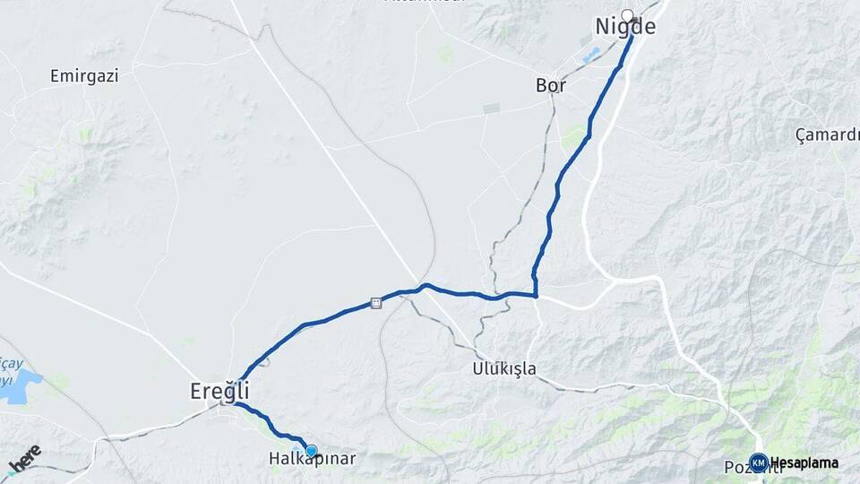 Konya Halkapınar Niğde Arası Kaç Km - Yol Haritası