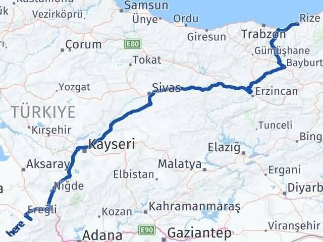 Konya Halkapınar Rize Arası Kaç Km - Yol Haritası