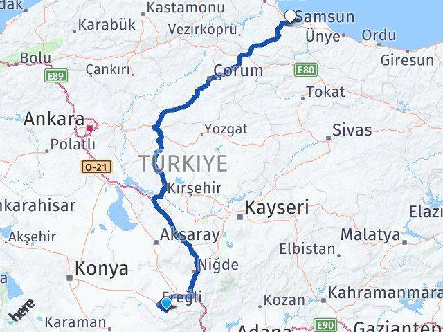 Konya Halkapınar Samsun Arası Kaç Km - Yol Haritası