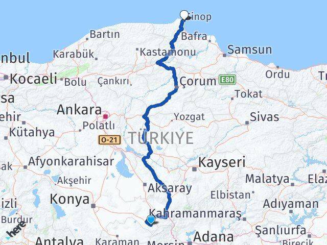 Konya Halkapınar Sinop Arası Kaç Km - Yol Haritası