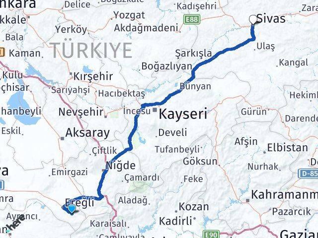 Konya Halkapınar Sivas Arası Kaç Km - Yol Haritası
