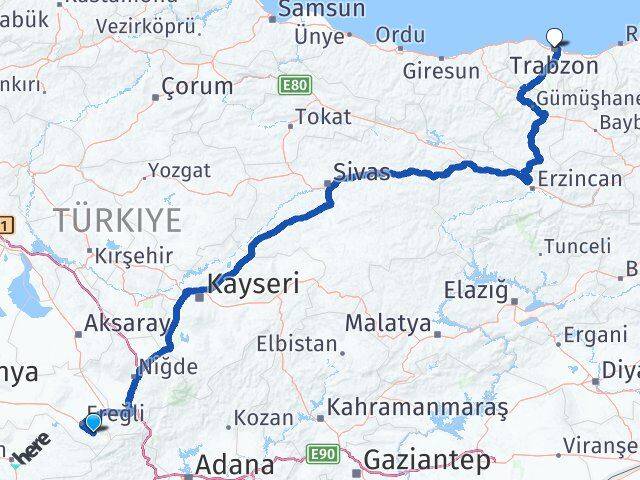 Konya Halkapınar Trabzon Arası Kaç Km - Yol Haritası
