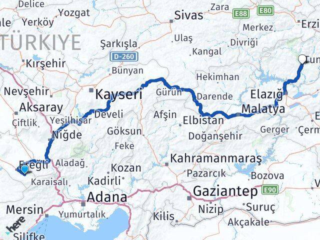 Konya Halkapınar Tunceli Arası Kaç Km - Yol Haritası