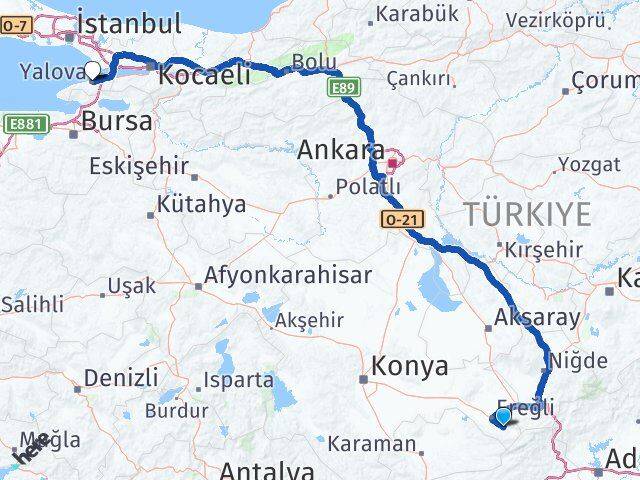 Konya Halkapınar Yalova Arası Kaç Km - Yol Haritası