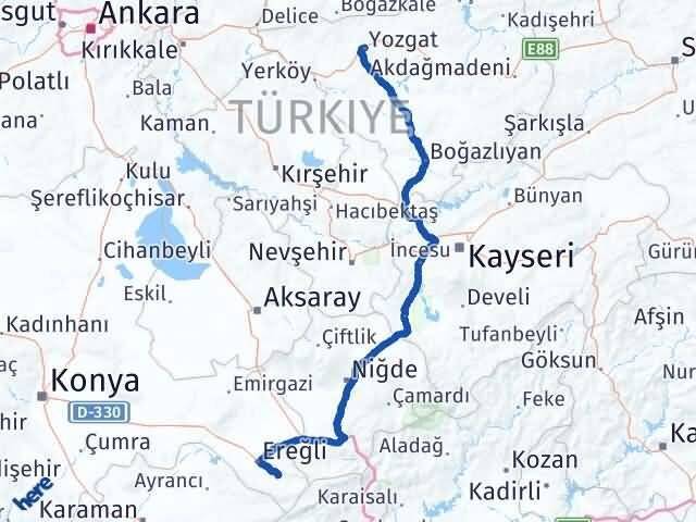 Konya Halkapınar Yozgat Arası Kaç Km - Yol Haritası