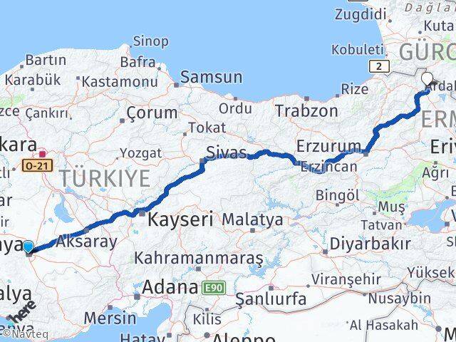 Konya Hanak Ardahan Arası Kaç Km - Yol Haritası