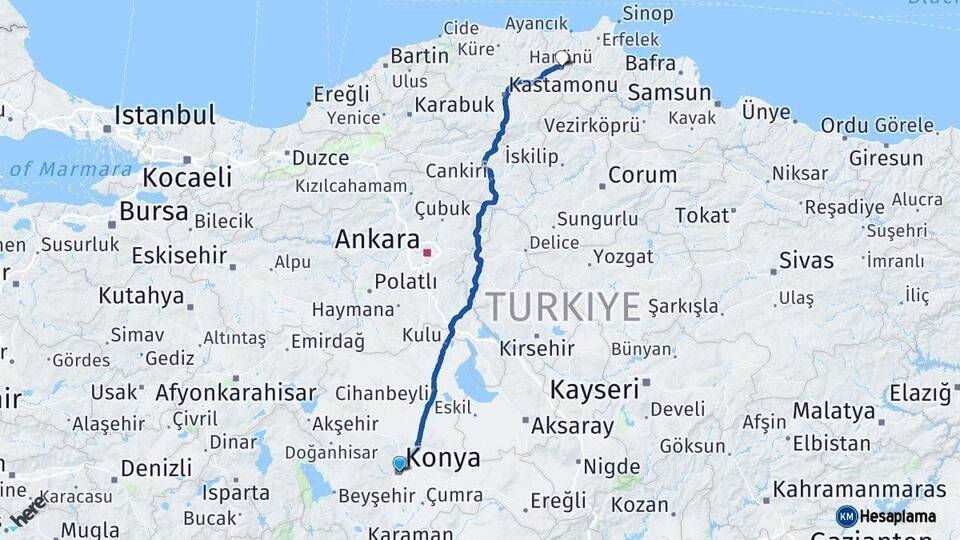 Konya Hanönü Kastamonu Arası Kaç Km - Yol Haritası