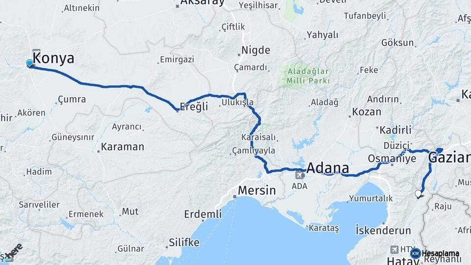 Konya Hassa Hatay Arası Kaç Km - Yol Haritası
