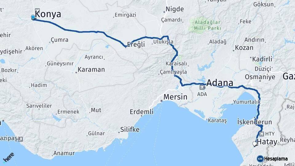 Konya Hatay Arası Kaç Km - Yol Haritası