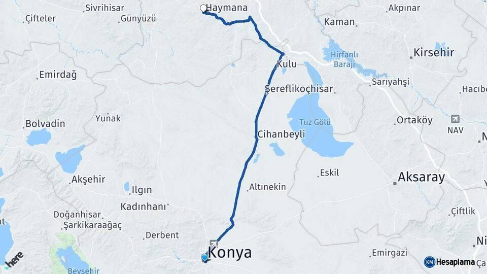 Konya Haymana Ankara Arası Kaç Km - Yol Haritası