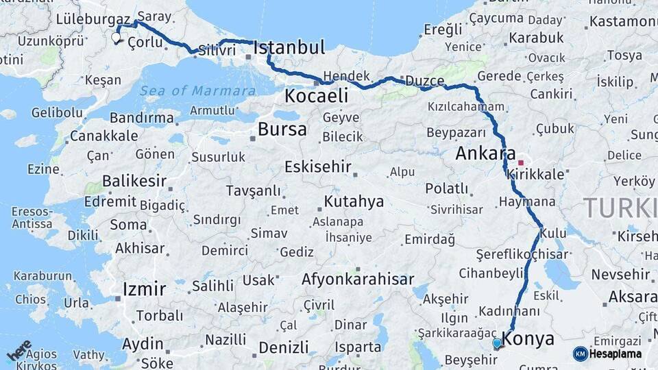 Konya Hayrabolu Tekirdağ Arası Kaç Km - Yol Haritası