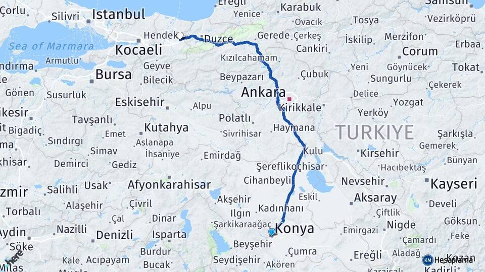 Konya Hendek Sakarya Arası Kaç Km - Yol Haritası