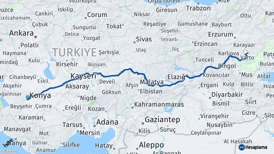 Konya Hınıs Erzurum Arası Kaç Km - Yol Haritası