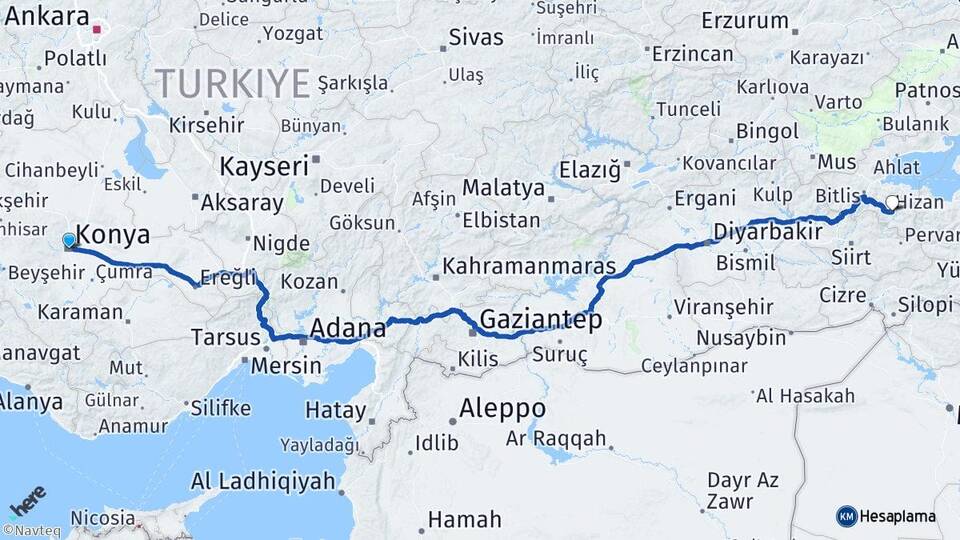 Konya Hizan Bitlis Arası Kaç Km - Yol Haritası