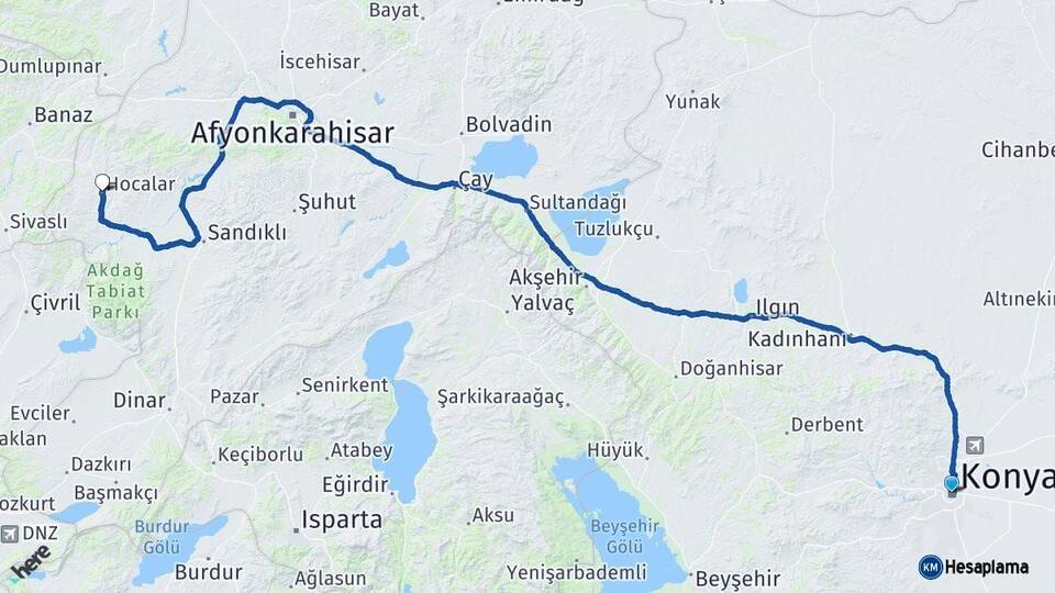 Konya Hocalar Afyonkarahisar Arası Kaç Km - Yol Haritası