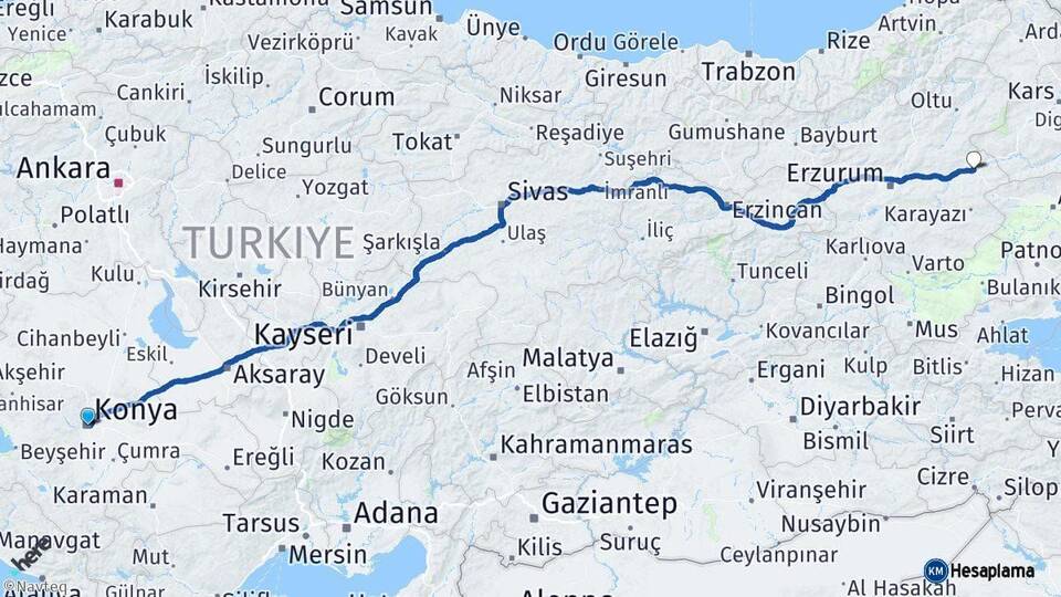 Konya Horasan Erzurum Arası Kaç Km - Yol Haritası