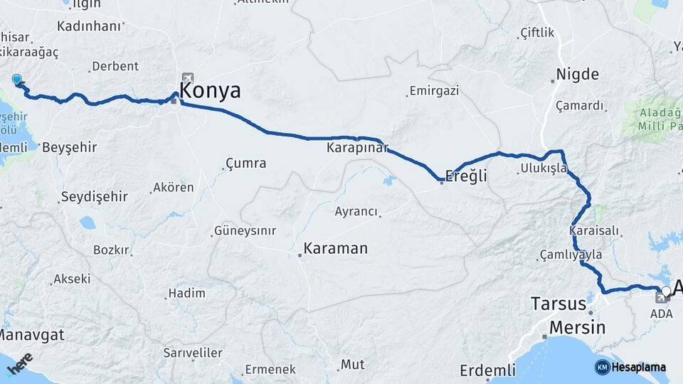 Konya Hüyük Adana Arası Kaç Km - Yol Haritası