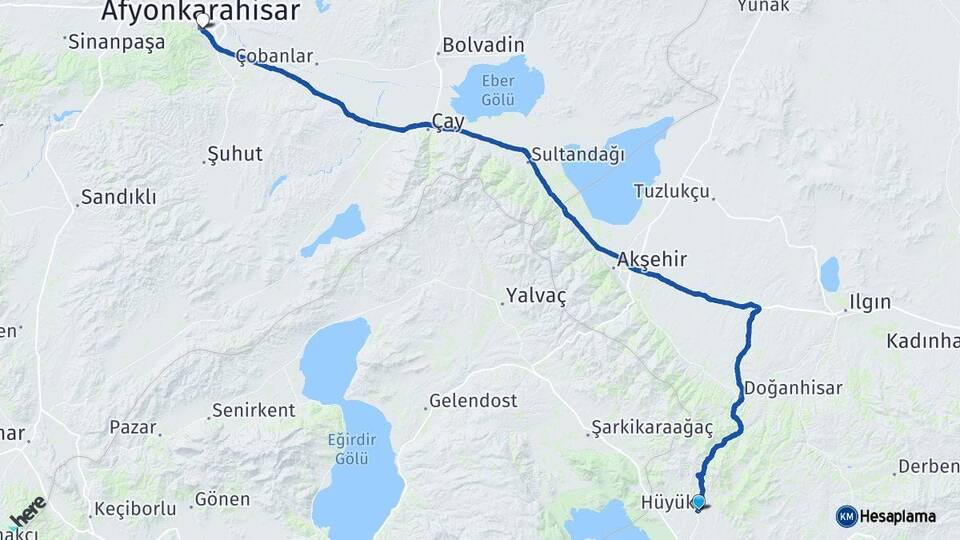 Konya Hüyük Afyonkarahisar Arası Kaç Km - Yol Haritası