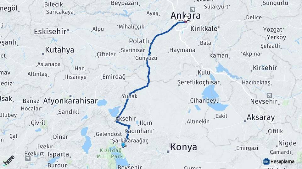 Konya Hüyük Ankara Arası Kaç Km - Yol Haritası