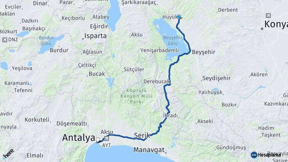 Konya Hüyük Antalya Arası Kaç Km - Yol Haritası