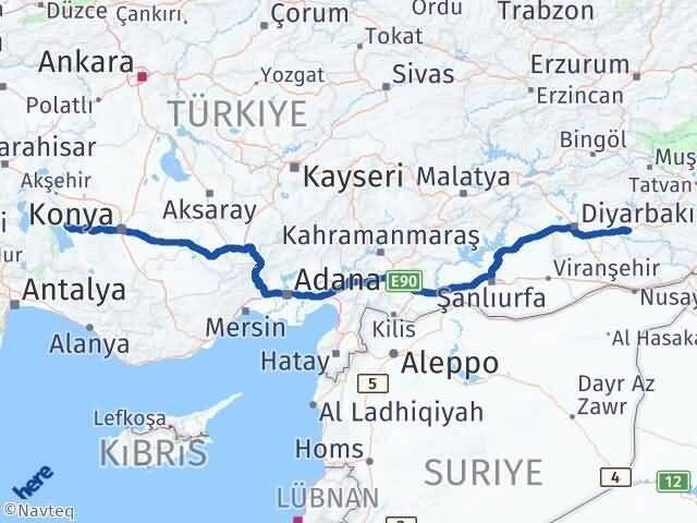 Konya Hüyük Batman Arası Kaç Km - Yol Haritası