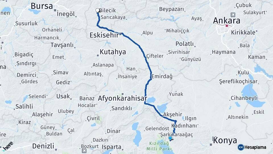 Konya Hüyük Bilecik Arası Kaç Km - Yol Haritası
