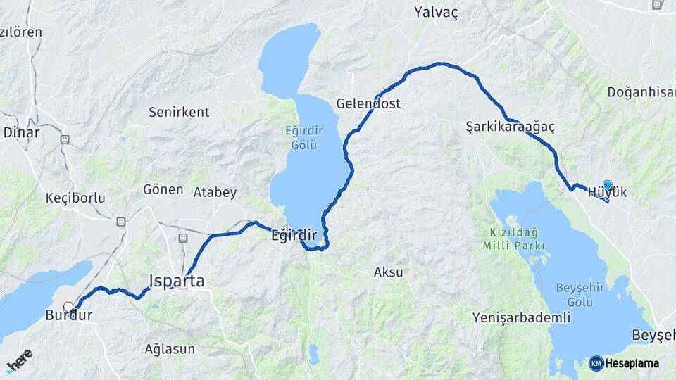 Konya Hüyük Burdur Arası Kaç Km - Yol Haritası