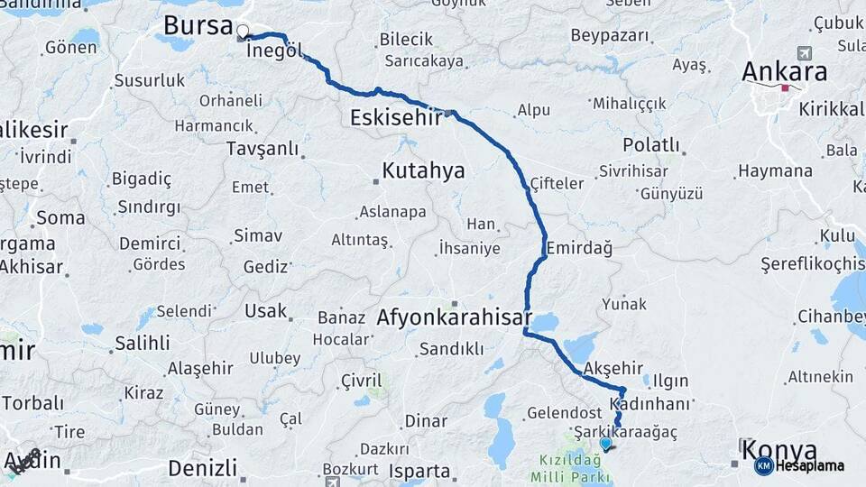 Konya Hüyük Bursa Arası Kaç Km - Yol Haritası