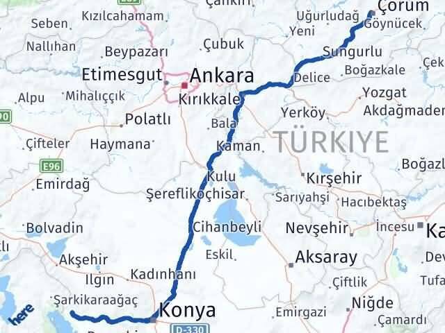Konya Hüyük Çorum Arası Kaç Km - Yol Haritası