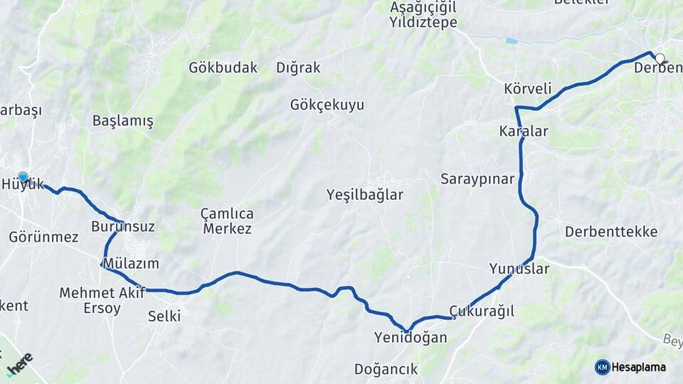 Konya Hüyük Derbent Arası Kaç Km - Yol Haritası